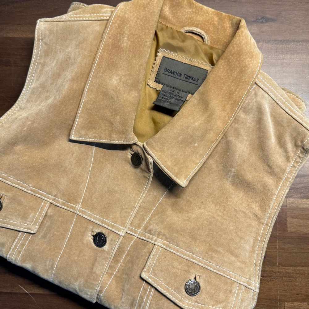 Vintage Brandon Thomas Womens  XL Tan Suede Vest Button Front Pockets Ranch Boho